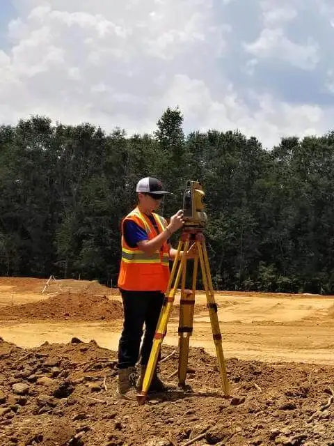 Surveyor with a total station on a cleared construction site